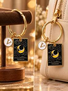1pc Bohemian Style Star & Moon Keychain, Vintage Moon Tarot Card Letter Bag Pendant Key Ring, Personalized Star & Moon Bag Charm - Multicolor - View 1