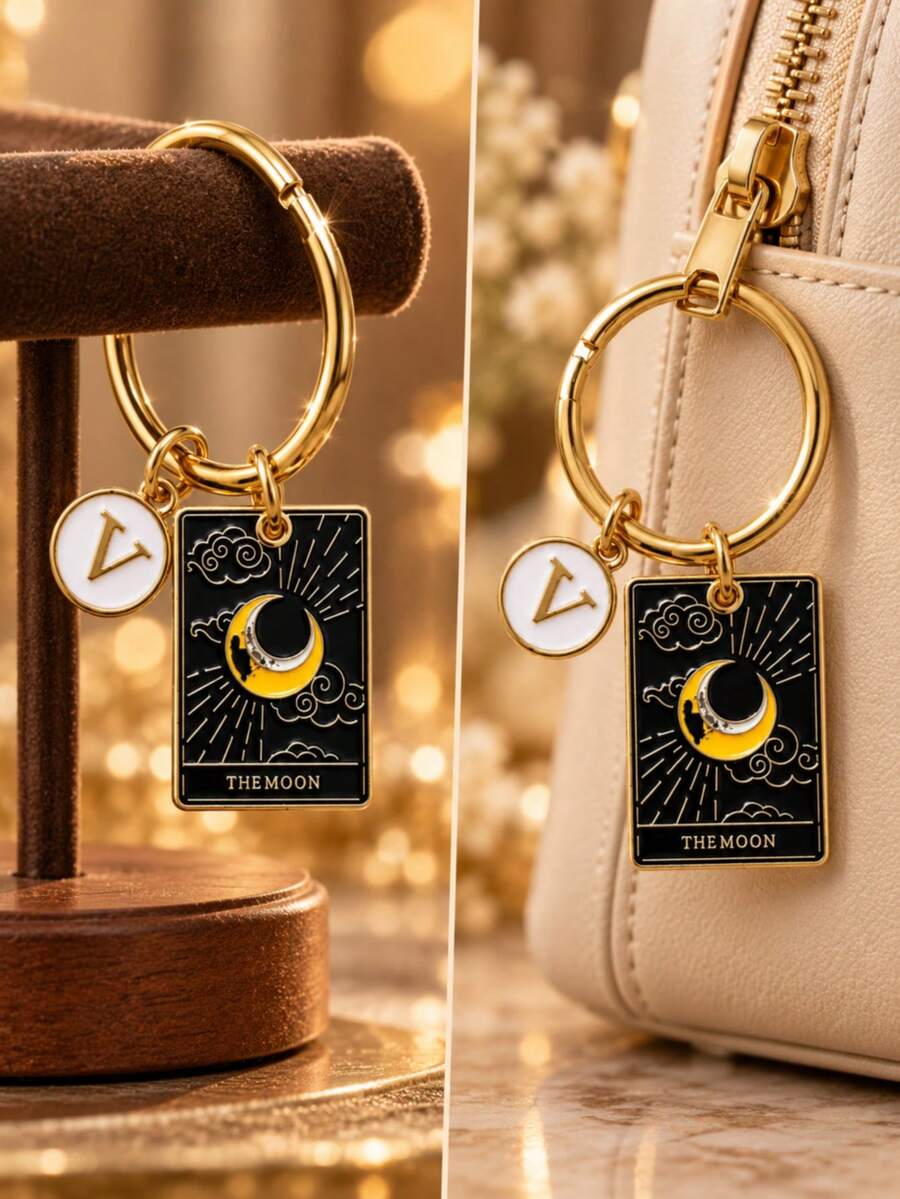 1pc Bohemian Style Star & Moon Keychain, Vintage Moon Tarot Card Letter Bag Pendant Key Ring, Personalized Star & Moon Bag Charm - Multicolor - View 1