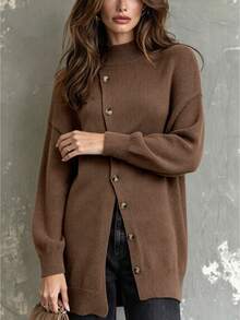 Plus Size Solid Color Asymmetrical Button Crew Neck Knit Pullover Sweater With Asymmetrical Hem - Brown - View 6