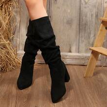 European & American Style Suede Slouchy Mid-Calf Knee-High Boots, Pointed Toe Chunky Heel Ruched Shaft, Autumn/Winter Daily Party Fashion Women's Boots - Black - View 5