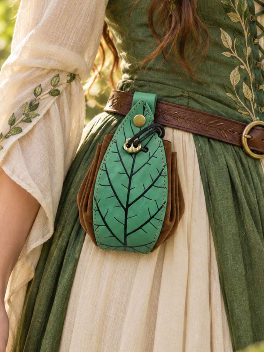 Tas Pinggang PU Daun Hijau Peri Hutan Abad Pertengahan, Kantong Pinggang Patchwork Cokelat Vintage, Dompet Koin Motif Urat Tanaman, Aksesori Kostum Cosplay Halloween LARP Druid Ranger Renaissance - A - View 1