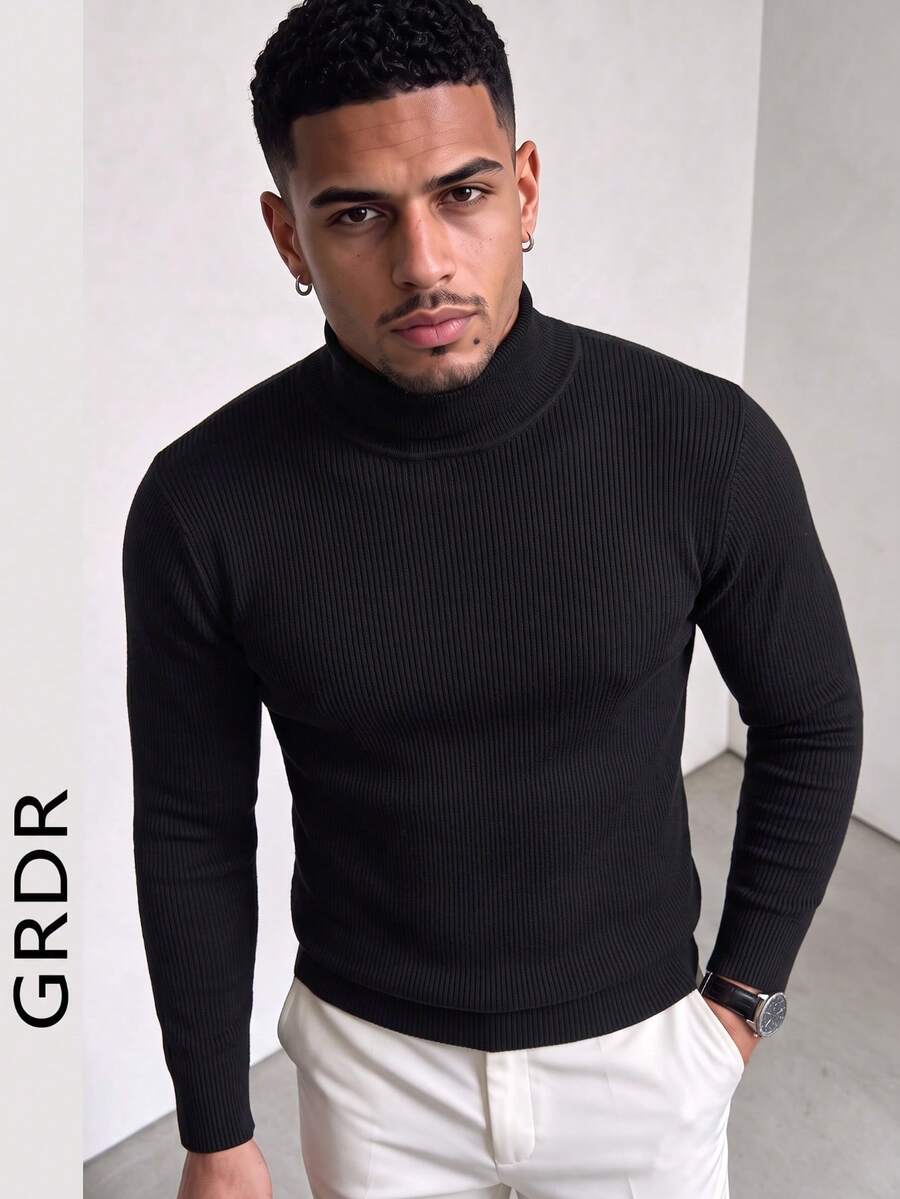 GRDR Men's Black Ribbed Turtleneck Sweater, Long Sleeve Pullover Casual Commuter Knit Top, Autumn/Winter