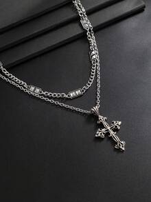 2pcs/Set Punk Style Layered Cross Pendant Necklace For Men, Street Hip-Hop High-End Fashion Accessory, Versatile Streetwear Accessory, Daily Wear, Street , Hip-Hop Style - Ancient White K - View 6