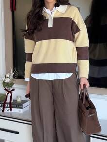 Live To Mo Women Yellow Striped Polo Collar Knit Top, Long Sleeve Button‑Detail Cropped Pullover Sweater, Casual Fall Outfit For Back To School - Yellow-brown Stripes - View 8