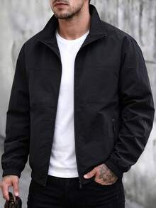Jaket Olahraga Tipis Pria untuk Musim Semi/Gugur, Kerah Tegak, Warna Polos, Kaos Olahraga Kasual - Hitam - View 3