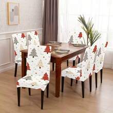 2Pcs/4Pcs/6Pcs Christmas Chair Covers, Simple Christmas Tree & Star Print Stretch Dining Chair Slipcovers, Removable Washable Chair Protector For Xmas Home Dining Room Decor - Beige - View 5