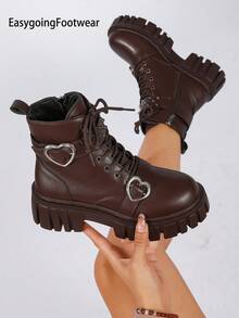 Women's Heart Buckle Rivet Decor Lace-Up Thick Sole Ankle Boots, Round Toe Side Zipper Fashion All-Season Ankle Boots - Brown - View 2