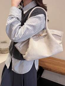 Dedoo 女款托特手提包，純色麂皮布料，金屬鎖飾裝飾，雙頂部手柄，大容量，極簡優雅風格，秋季日常通勤單肩包 - 白色 - 查看 6