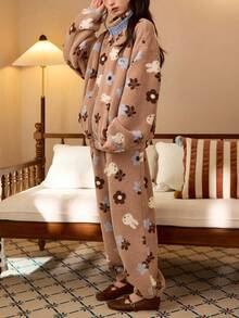 Gongdie MIFFY 2pcs  Fleece Women's Pajama Set, Winter Brown Thick Plush Zipper Loungewear With Pockets And Stand Collar - Brown - View 4