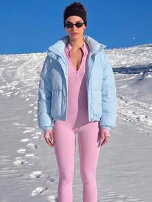 Sömlös tight sportjumpsuit med halv dragkedja och långa ärmar för fitness - Rosa - Visa 6