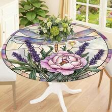 1pc Line Flower Round Tablecloth, Elastic Edge, Soft & Wrinkle-Resistant, Suitable For Round Dining Table, Outdoor Restaurant Decoration And Outdoor Party, Kitchen, Baking, Outdoor Decor, Outdoor Patio, Breakfast, Brunch And Party Decoration - Multicolor - View 2