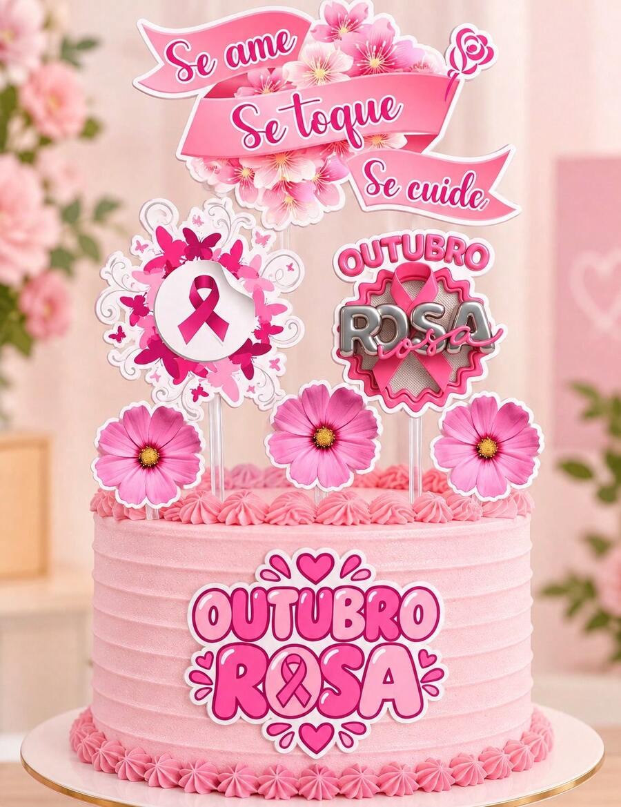 Topo de Bolo Outubro rosa/ OUTUBRO ROSA - Rosa chiclete - Visão 1