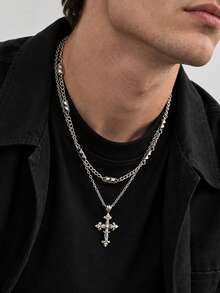 2pcs/Set Punk Style Layered Cross Pendant Necklace For Men, Street Hip-Hop High-End Fashion Accessory, Versatile Streetwear Accessory, Daily Wear, Street , Hip-Hop Style - Ancient White K - View 5