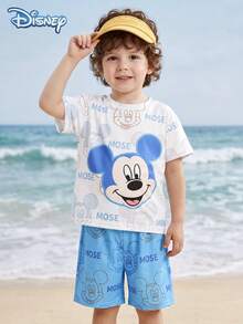 Disney 迪士尼夏季男童米奇大頭印花可愛短袖T恤與米奇塗鴉印花度假短褲套裝，卡通圖案微彈，適合小男孩日常穿著服飾 - 藍色 - 查看 1