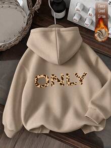 Women's Cotton Leopard Print Hooded Top, Basic Autumn/Winter Travel Hoodie - Dark Apricot - View 1