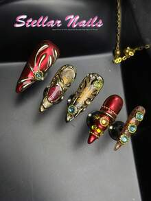 10pcs Long Stiletto Red Gold Curve Gem Rhinestone Tiger Print Press On Nails, Vintage Baroque Handmade Fall&Winter Reusable Fake Nails, Suitable For Party, Dating, Daily, Cosplay, Festival, Club, With Jelly Glue And Nail File, Luxury Y2K Style - Red - View 5
