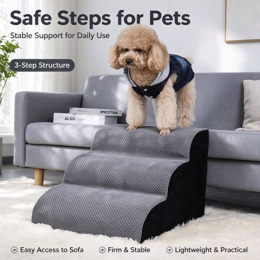New Pet Home Stairs Multi-Layer Steps Small Dog Ramp Cat Ladder Up And Down Bed Small Stairs Removable Washable Cover 3D Large Particle Fleece Fabric Prevent Slipping Comfortable Wear-Resistant Can Solve Pet Up And Down Issues Reduce Pet Climbing Leg Burden Sloped Design Zipper Removable Washable Cover Anti-Slip Design Bottom More Stable - Grey - View 1