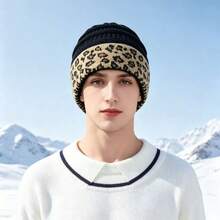 1 Women's Leopard Print Cuff Knitted Beanie, Unisex, Warm Solid Textured Winter Outdoor Ski Hat - A - View 3