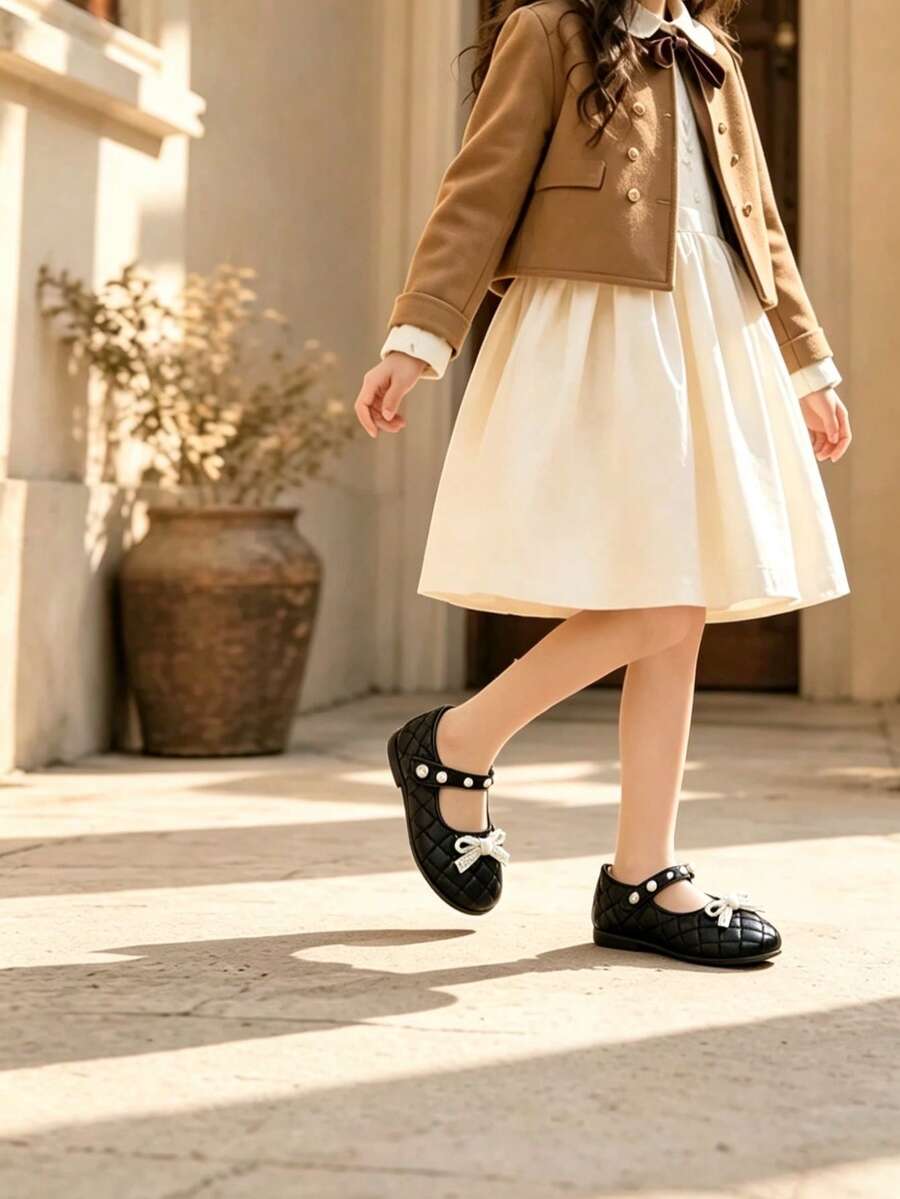 Girls Black PU Mary Jane Shoes With Pearl Buckle, Hook And Loop, Pearl Rhinestone Bow, Flat Soft Sole, Round Toe, All Season Princess Shoes - Black - View 1