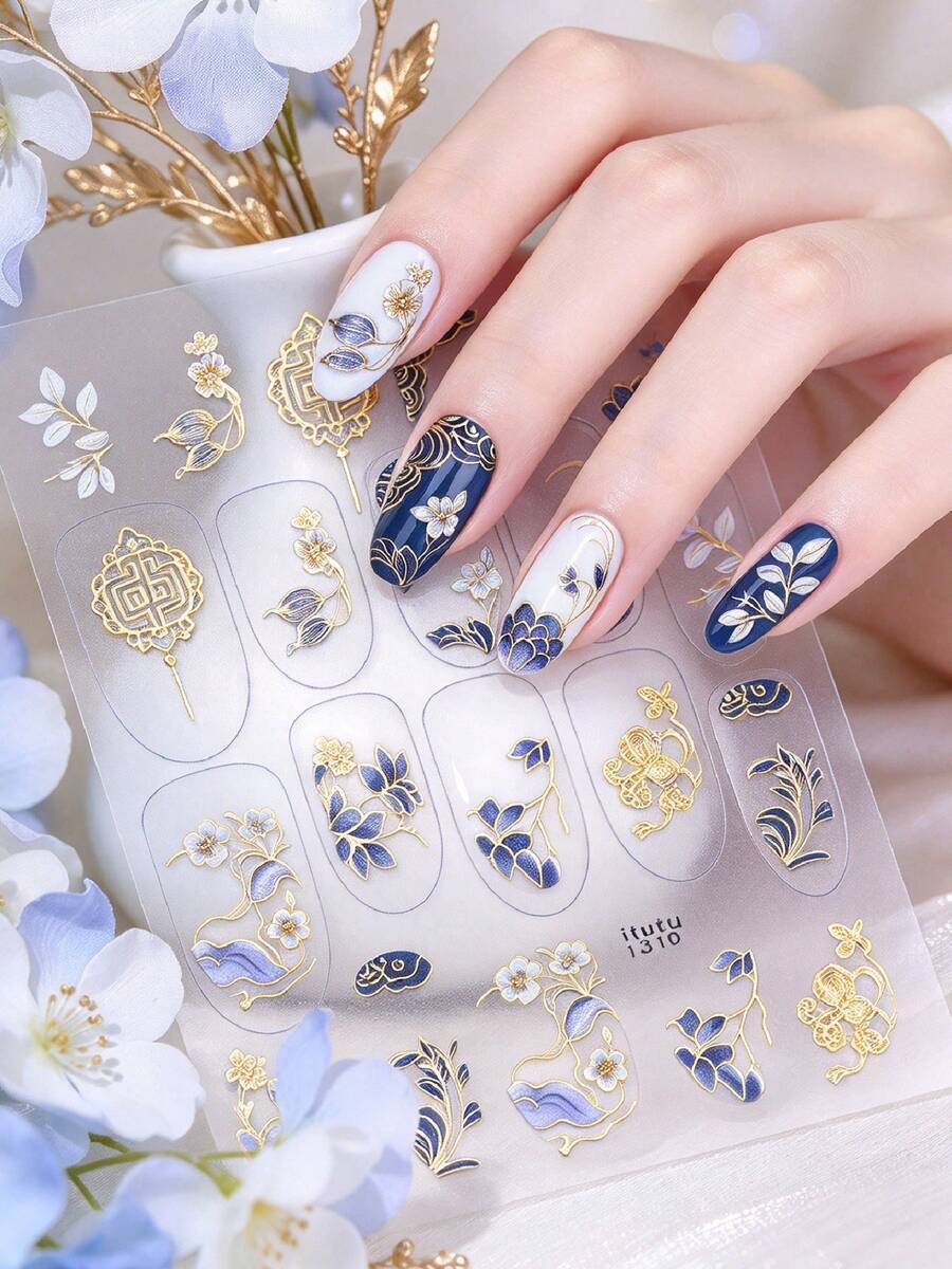 中式金箔美甲貼紙 藍金蓮花與祥雲圖案 美甲DIY裝飾 - 彩色 - 查看 1