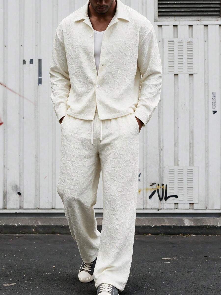 Spring/Autumn New Men's 3D Embossed Floral Jacquard Loose Lapel Short Shirt + Drawstring Elastic Waist Straight Leg Pants Lightweight Luxury Textured Casual Shirt Set - Apricot - View 1