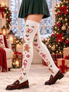 1 Pair Women's White Christmas Gingerbread Man Print Over-The-Knee Socks, Candy Cane & Christmas Tree Holiday Thigh-High Socks - White - View 2