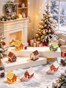 6pcs/Set Mini Christmas House Model Decor, Resin Snow House Accessories, Suitable For Desktop Potted Plants, Terrarium, Home Decor, Party Decoration, Can Be Used As Halloween Gift - A - View 3