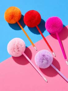 5pcs Creative Cute Pom Pom Ballpoint Pens, Plush Design Novelty Pens, Fun Stationery For Students, School Writing Supplies - Plush Ballpoint Pen - View 2