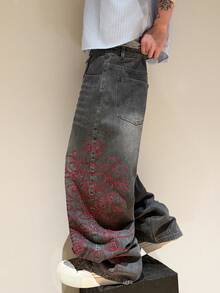 1pc Men's Vintage American Street Style Embroidered Wide Leg Jeans, Loose & Comfortable Casual Pants, Versatile For All Seasons (Belt And Accessories Not Included) - Dark Grey - View 2