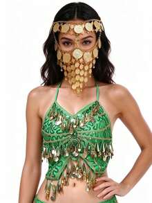 Sequined Halter Bra Top Coin Tassel Fringe, Coin Chain Metal Face Mask Covering, Rumba Stage Show Performance Wear, Multi-Color Available - Multicolor - View 19