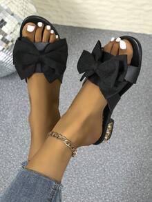 Hot Girl Style Rhinestone Leaf Toe-Loop Sandals, 2-Way Wear Low Heel Slides, Party Club Sweet Cool Women's Shoes - Black - View 1