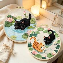 15*15cm/5.9*5.9in 20*20cm/7.9*7.9in,Mischievous Cats Embroidery Kit, DIY Handmade Embroidery Set For Adult Beginners, Home Gift, Women's Sewing Gift, Including User Manual, Printed Pattern Fabric, Embroidery Frame, Needle And Thread. - Mischievous Cats - View 3