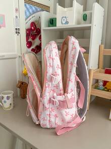 Backpack + Pink Bow Print School Backpack + Multi Pocket Water Resistant Storage + For Teen Daily Study Cute Lightweight Adjustable Strap Rucksack - Multicolor - View 7