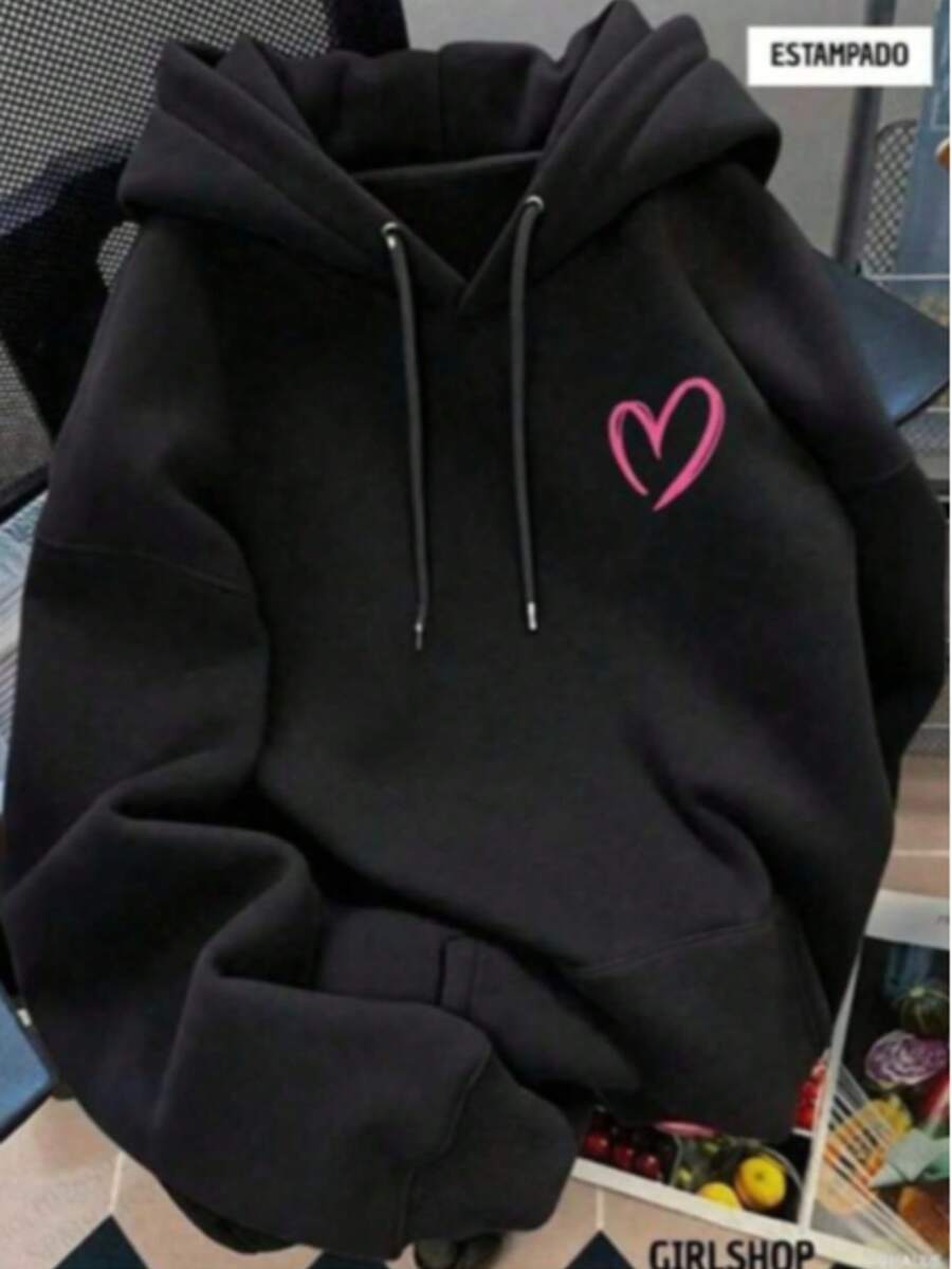 Plus Size Sweatshirts & Hoodies - Black (pink Heart) - View 1