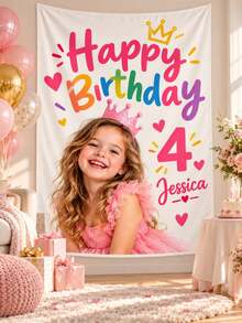Customized Birthday Tapestry, Personalized Children's Photo Backdrop, Happy Birthday Party Wall Decor Banner, Supports Custom Photos And Text, Rainbow Birthday Decoration, Name And Number Design, Smooth Polyester Fabric Tapestry, Suitable For Bedroom And Party Decoration - Multicolor - View 3