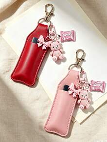 Tas Lipstik Modis, Kemasan Kecil Portabel untuk Semprotan Parfum Mulut Tunggal, Sarung Kulit Merah, Gantungan Kunci, dengan Liontin Beruang, Cocok Sebagai Hadiah - MultiWarna - View 7