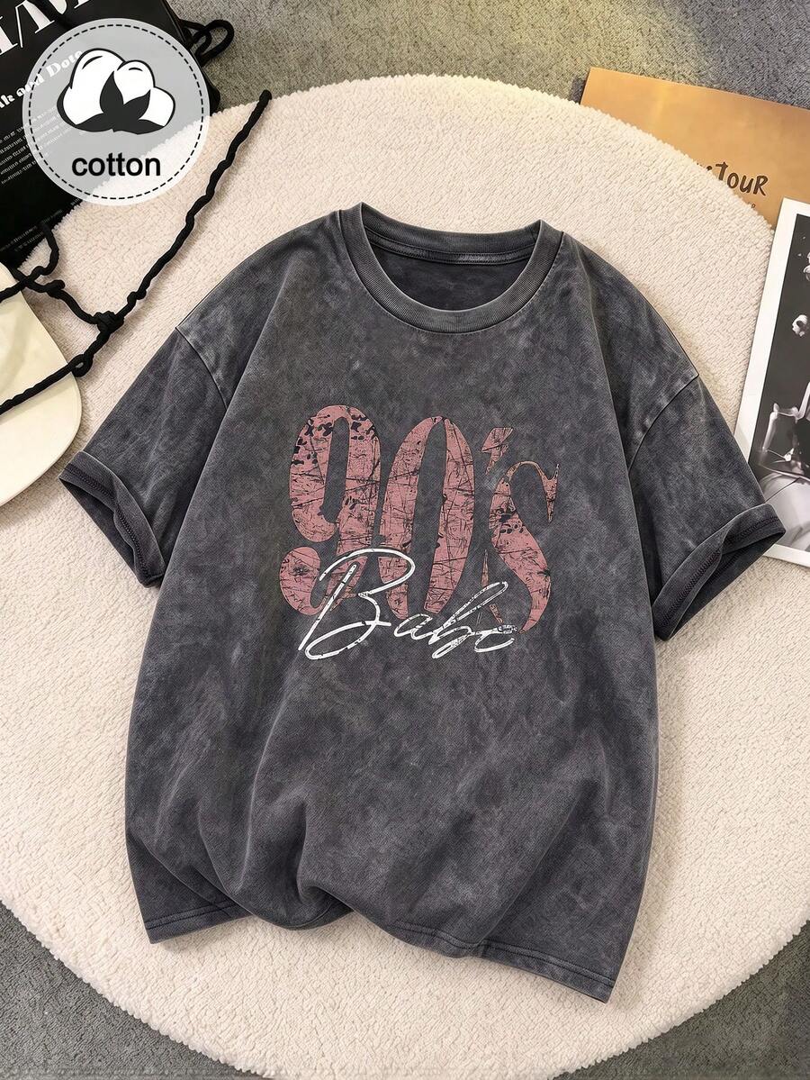 90s Vintage Print Women's T-Shirt - Casual Short Sleeve Crew Neck Washed Top, Suitable For All Seasons, Women's Autumn Clothing Black - Black - View 1