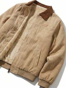 Men's Loose Fit Corduroy Jacket With Lambswool Lining, Contrast Collar Zipper Vintage Versatile Outerwear, Suitable For Winter Daily Wear - Apricot - View 3