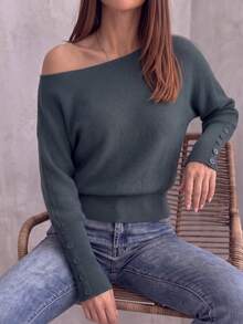 BYGOUBY Autumn/Winter Fashion Women's Cold Shoulder Batwing Sleeve Button Detail Knit Sweater, Casual Soft Comfortable Pullover Top - Grey - View 3