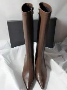 優雅尖頭粗跟磨砂皮革側拉鍊V領修身百搭女款高筒靴 - 棕色 - 查看 3