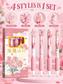 4pcs Romantic Rose Pen Set - Cute Decorative Pens For Journaling, School And Office Use With Comfortable Grip Design - Sets - View 2