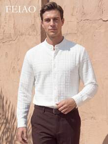 FEIAO Men's Vintage "Old Money" Textured Short Stand Collar Button Long Sleeve Shirt, Versatile Casual Style Suitable For All Seasons - White - View 1