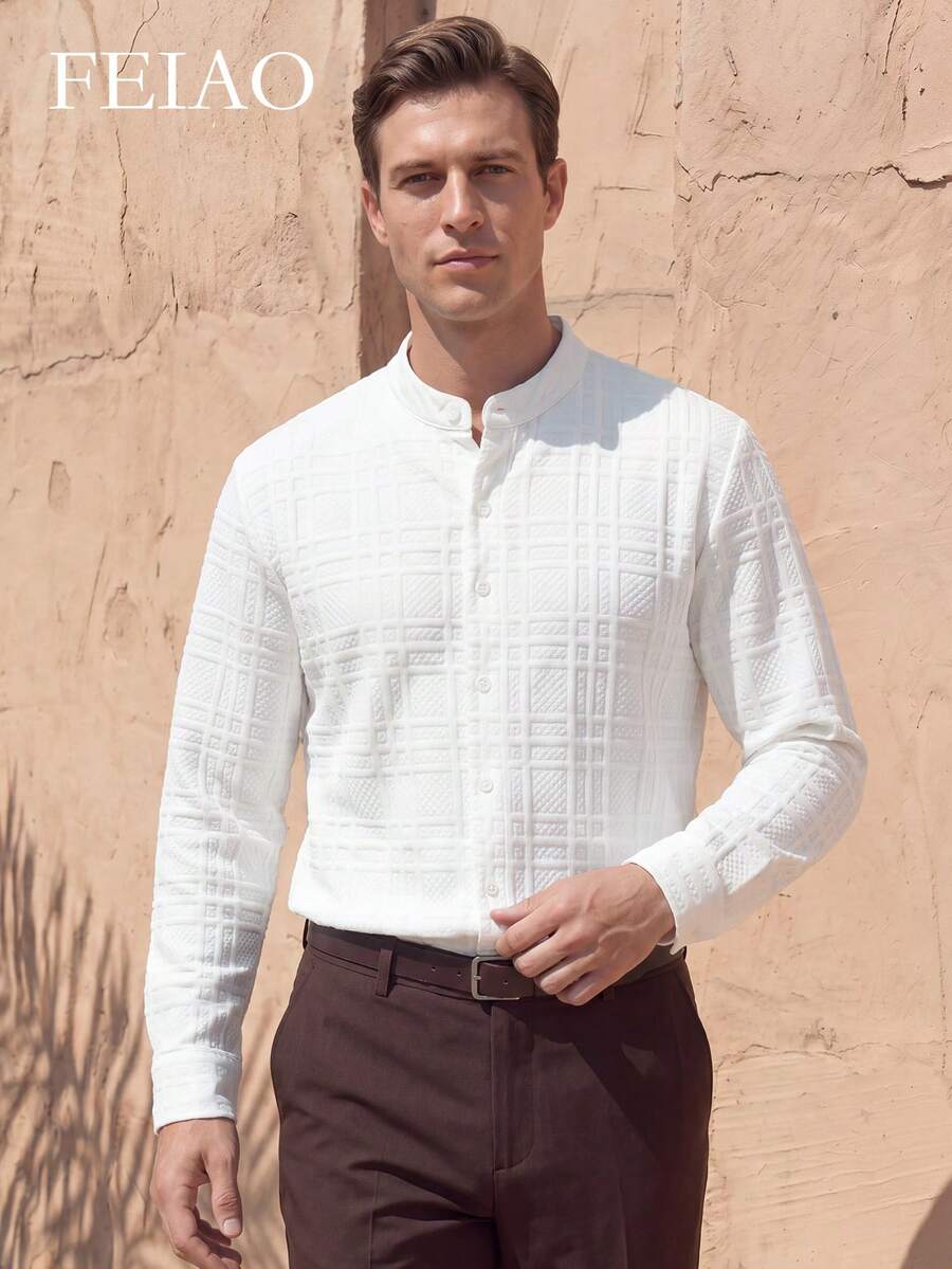 FEIAO Men's Vintage "Old Money" Textured Short Stand Collar Button Long Sleeve Shirt, Versatile Casual Style Suitable For All Seasons - White - View 1