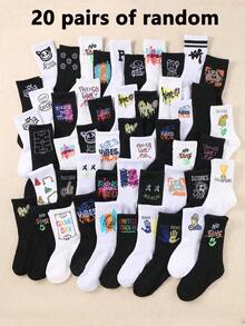 20 Pairs Kids Socks, Graffiti Socks, Street Socks, Mid-Calf Socks, Sports Socks, With Graffiti, Letter, Smiling Face Patterns, Suitable For Teenagers To Wear/Match, Unisex, Suitable For 1-16 Years Old Children, Breathable, Comfortable, Soft - Multicolor - View 12