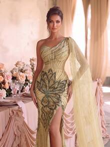 Elegant One-Shoulder Sequin Evening Gown, Side Draping Design, Back Tie, High Slit, Mermaid Tail Hem With Train, Suitable For Red Carpet Events And Black Tie Galas - Champagne - View 9
