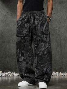 Krometka Men's High Street Ink Wash Rock Print Drawstring Wide Leg Pants, American Vintage Distressed Loose Straight Leg Casual Long Pants - Black - View 2