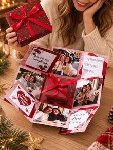 1Set Christmas Gift Box Surprise Box Explosion Gift Box DIY Photo Gift Box For DIY Christmas Memory Box, Surprise Box With Mini Gift Box.Christmas Photo Explosion Box For Friends, Red Ribbon Surprise Gift Box Holiday Gift For Friends; - Multicolor - View 5