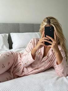 Nina Bonheur 2pcs/Set Women's Loose Comfortable Breathable Long Sleeve Top + Long Pants Cute Pajama Set - Pink - View 5