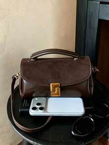 Vintage Patchwork Tote Bag With Gold Square Buckle, Fashionable Versatile Women's Crossbody Bag - Coffee - View 9