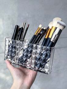 1pc Acrylic Makeup Brush Holder, 3-Compartment Cosmetic Storage Box, Pen Holder For Dormitory And Bedroom, Back To School Essential - Clear - View 3